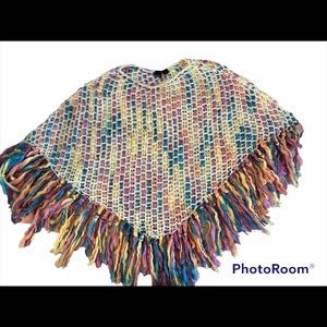 “Desire” Knit Shawl Cape Fringe Festival Hippie Boho Yarn Colorful Sz Missy